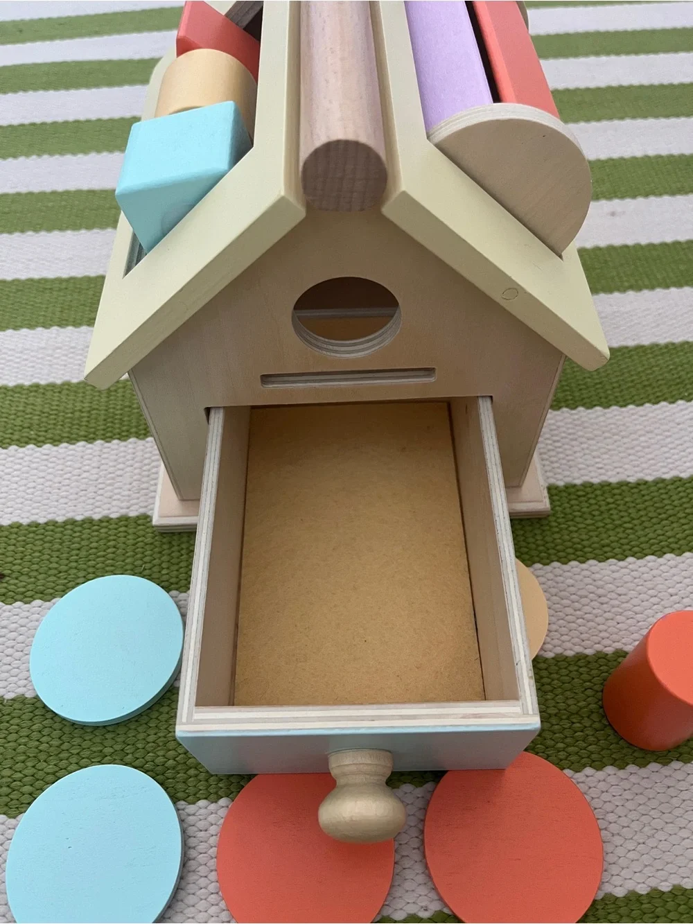 Wooden Montessori Activity House Toy - Pastel Yellow, Mint & Orange